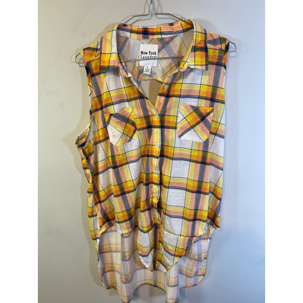 New York Laundry Womens Sleeveless Shirt High-Low Plaid Yellow XL